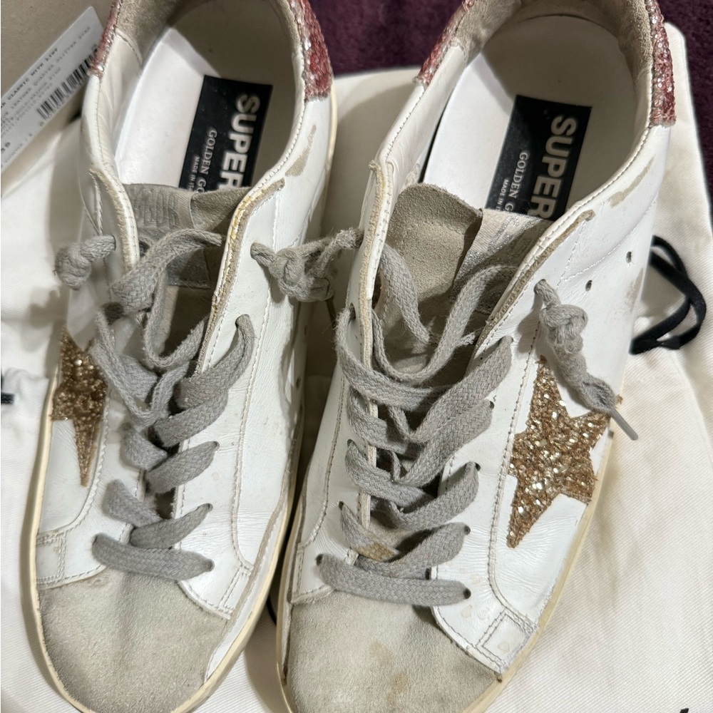 Golden Goose White and Gold Distressed Sneakers